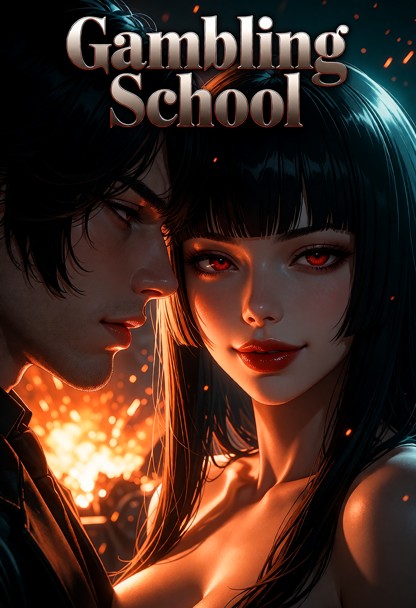 Epic cinematic video game movie poster, title "Gambling School" in bold stylized metallic font at the top, scene deri…