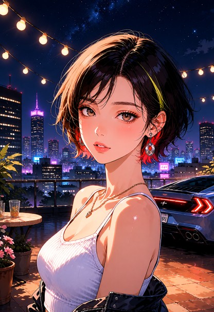 city rooftop terrace at night, neon city skyline, string lights, urban atmosphere with stars above, sports_car, no_hu…
