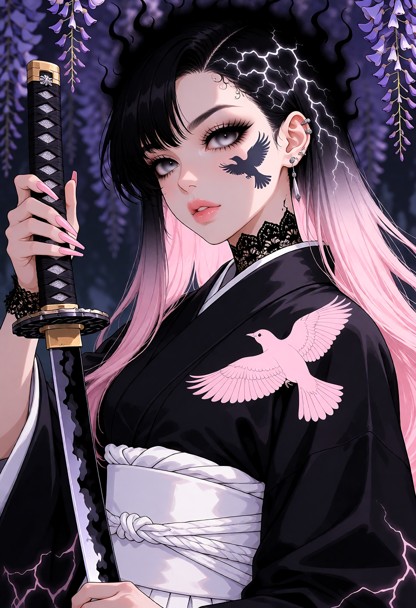 Dark wisteria forest background, wide black aura eyelashes, holding katana with black aura blade and black handle, wh…
