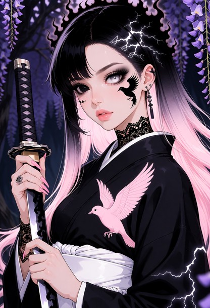 Dark wisteria forest background, wide black aura eyelashes, holding katana with black aura blade and black handle, wh…