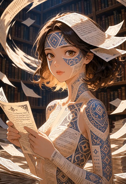 Floating paper, spinning paper, infinite library background, whirlwind, paper hair, holding paper, nude female, paper…