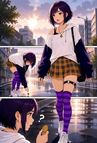 1girl walking through city street after rain, bare shoulders, white oversized hoodie with long dark blue-purple sleev…