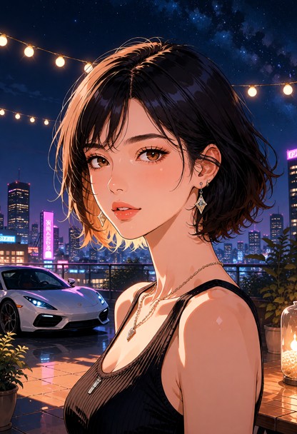 city rooftop terrace at night, neon city skyline, string lights, urban atmosphere with stars above, sports_car,