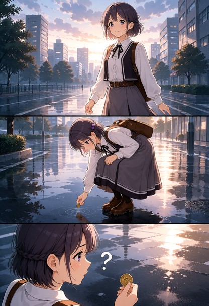 1girl Mizore Shirayuki walking through city street after rain, canon outfit, wet pavement reflecting soft evening lig…