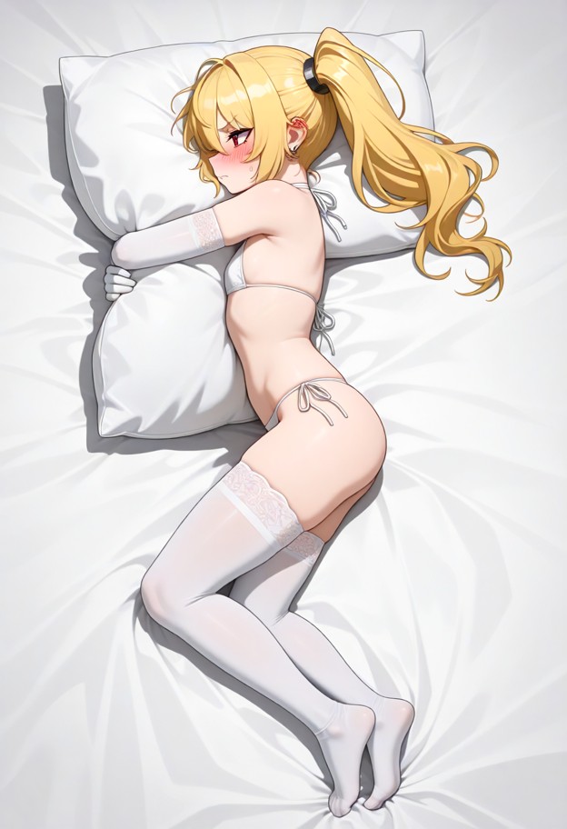 luciana_de_montefio zenless zone zero, petite, side_ponytail, white bikini, white_thighhighs, white elbow gloves, fla…