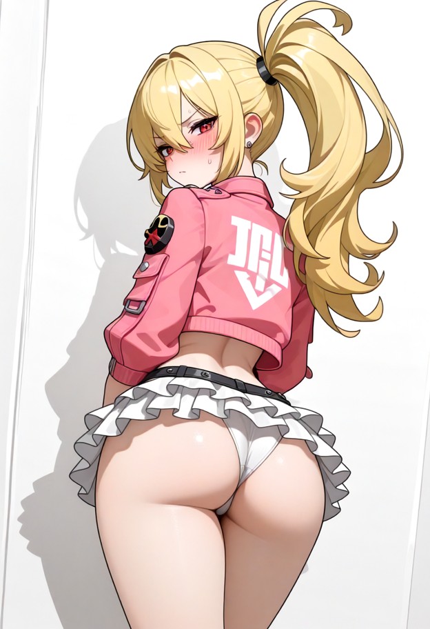 luciana_de_montefio zenless zone zero, petite, side_ponytail, solo, white bikini, looking at viewer, standing, tsunde…