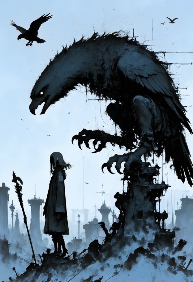 A gritty ink-and-watercolor graphic novel panel. A young squire in a dusty arena releases a hunting bird. The hawk is…