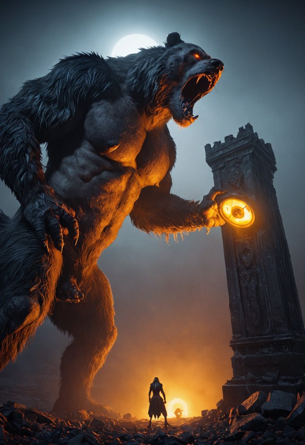 a breathtaking cinematic scale shot of a david-vs-goliath battle. the survivor stands tiny but defiant before a tower…