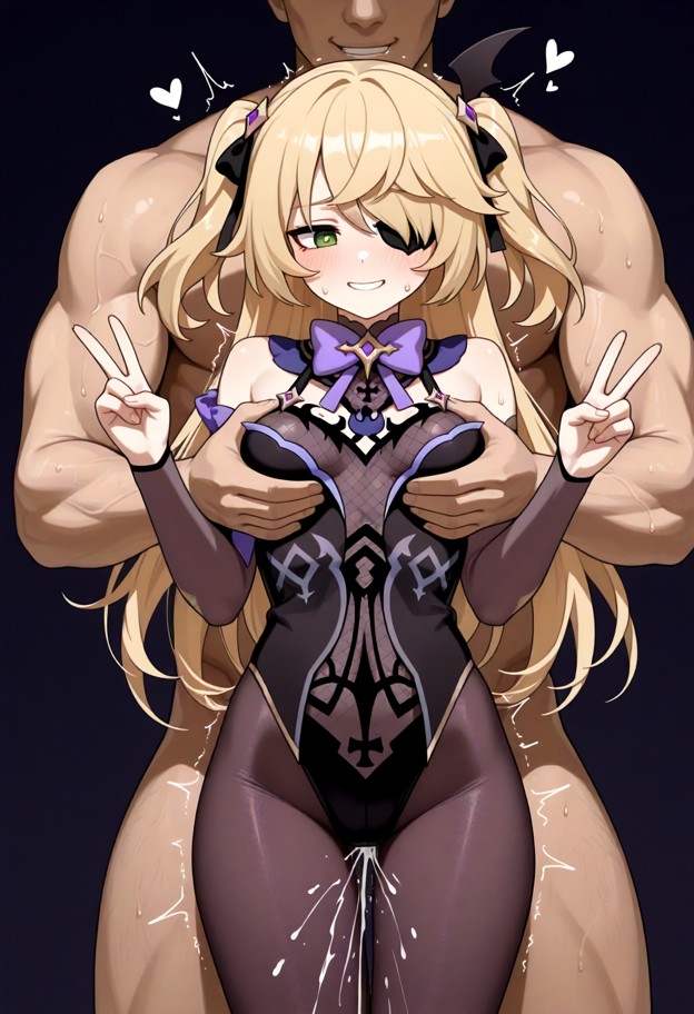 fischl_(genshin_impact), pantyhose, peace sign, nervous_smile, sweating, slim waist, small chest, leotard, torso focu…