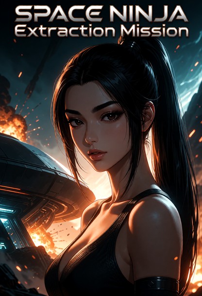 Epic cinematic video game movie poster, title "SPACE NINJA: Extraction Mission" in bold stylized metallic font at the…