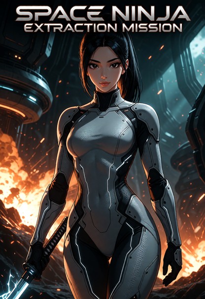 Epic cinematic video game movie poster, title "SPACE NINJA: Extraction Mission" in bold stylized metallic font at the…