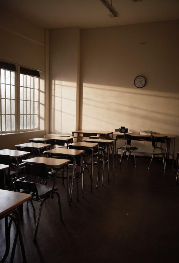 school classroom in the morning, sunlight streaming through windows, empty desks and chalkboard, peaceful atmosphere