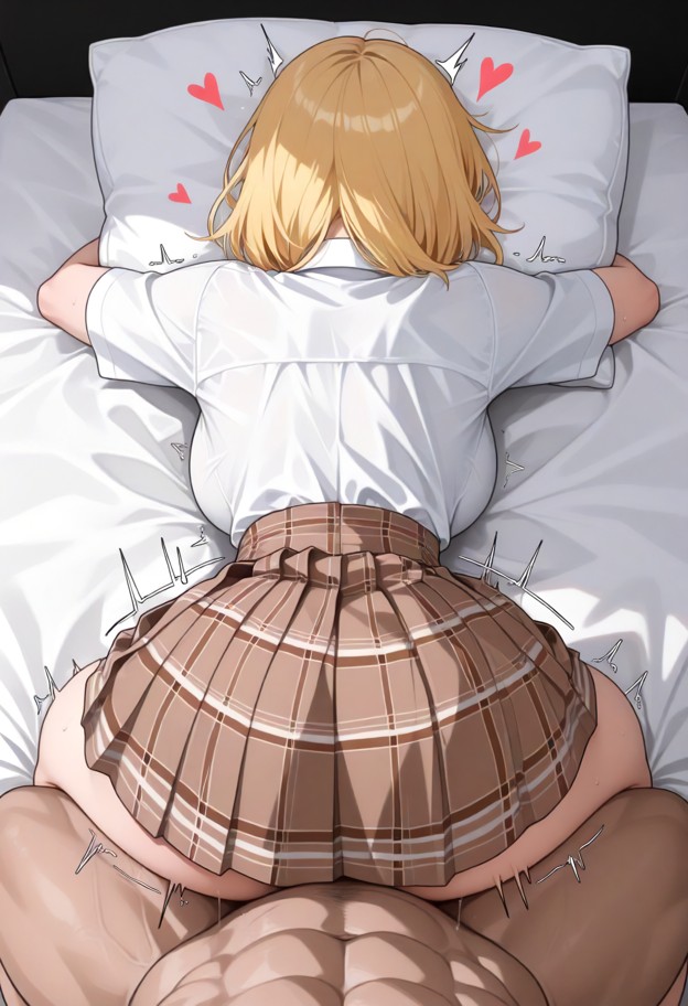 watson_amelia, high waist pleated skirt, button up shirt, on bed, face down, ass up, arched back, ahegao, hugging pil…