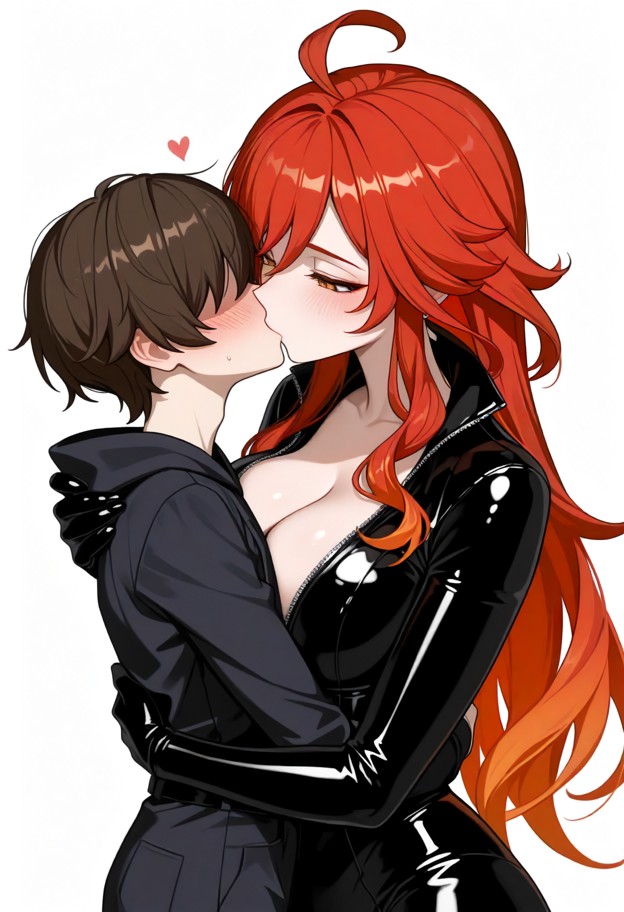 mavuika_(genshin_impact), kissing, hugging, looking down, squinting, blush, tall, large breasts, black zip up bodysui…