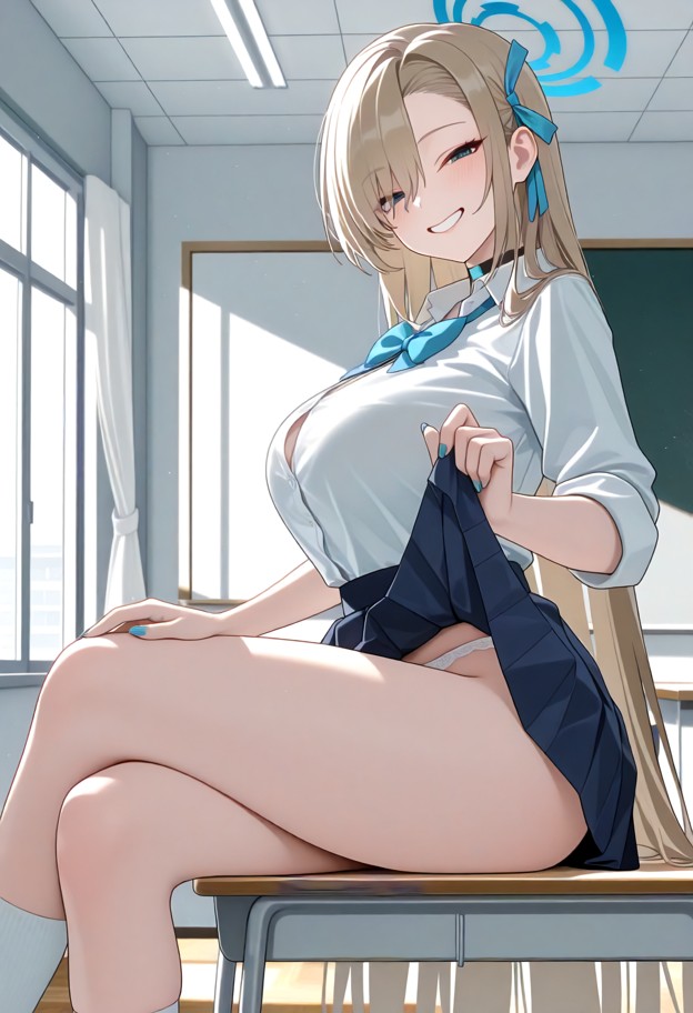 asuna_(blue_archive), school_uniform, tall, squinting, smile, looking_at_viewer, crossed_legs, classroom, large_breas…