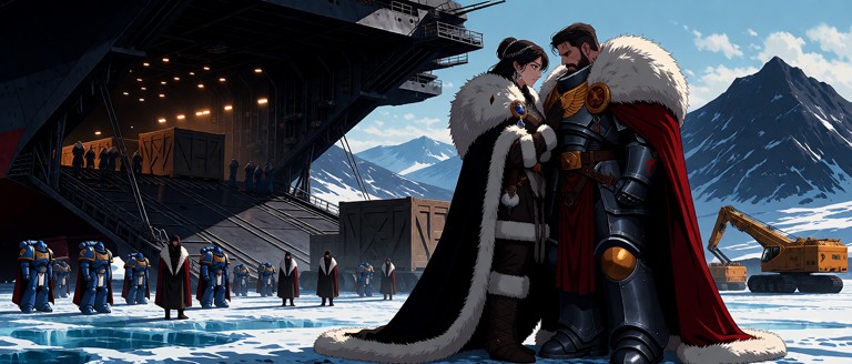 I want an image of the babe in old norse deep winter gear, thick furs, tall boots, royal cloaks worthy of a Lady Cons…