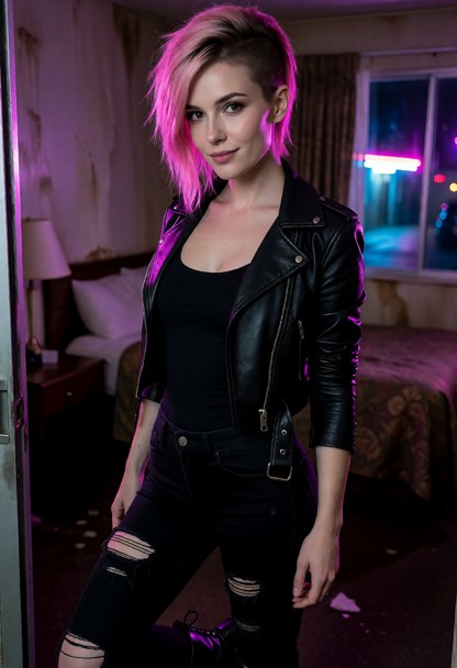 Byzen is a 21-year-old Caucasian adult woman, with short mohawk hairstyle, pink hair, petite small body type, brown e…