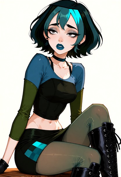 gwen from total drama island, she features pale skin, droopy heavy-lidded eyes, dark teal-blue lipstick, and a choppy…