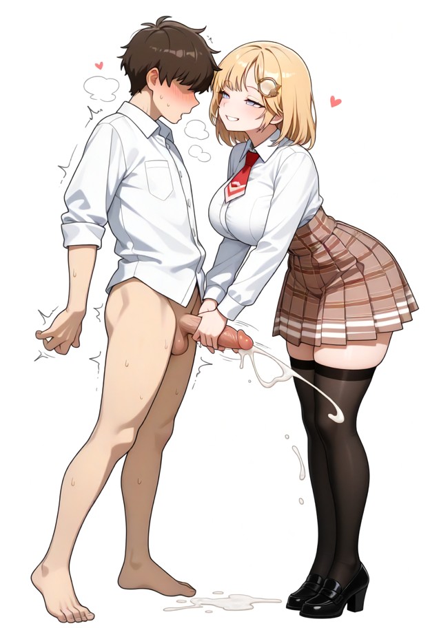 watson_amelia,femdom,pleated high waisted skirt, button up shirt, black thighhighs, brown hair, standing, giving hand…