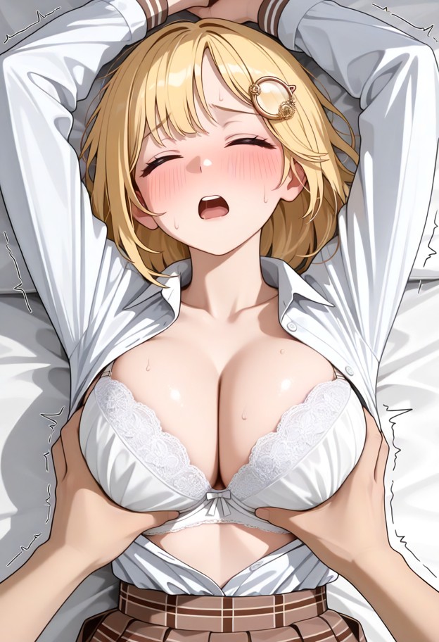 watson_amelia, open button up shirt, white bra, brown high waist pleated_skirt, shaking, big breasts, flustered, blus…