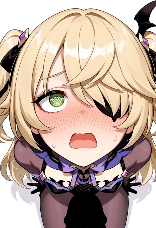 fischl_(genshin_impact), petite, pantyhose, leotard, face focus, open mouth, flustered, blushing, @_@, looking up, pe…