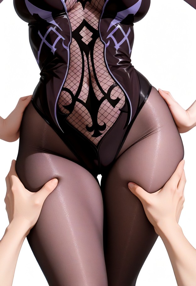 fischl_(genshin_impact), wide hips, pantyhose, leotard, legs focus, white_background, front view, hands on hips, pov …