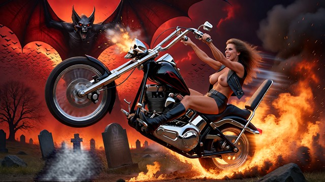 A hyper detailed fantasy art illustration of a powerful Harley Davidson customized chopper motorcycle with bright chr…