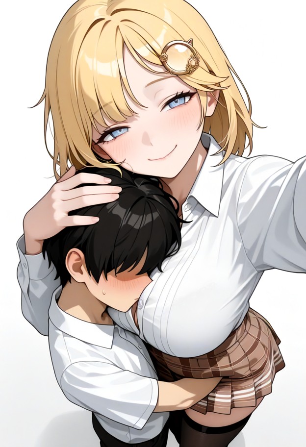 watson_amelia, soft smile, squinting, tall, large breasts, white button up shirt, brown skirt, black_thighhighs, hugg…