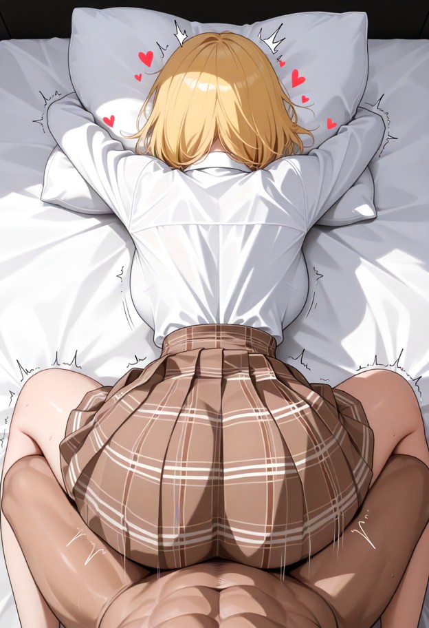 watson_amelia,high waist pleated skirt,button up shirt, on bed, face down, ass up, arched back, ahegao, hugging pillo…
